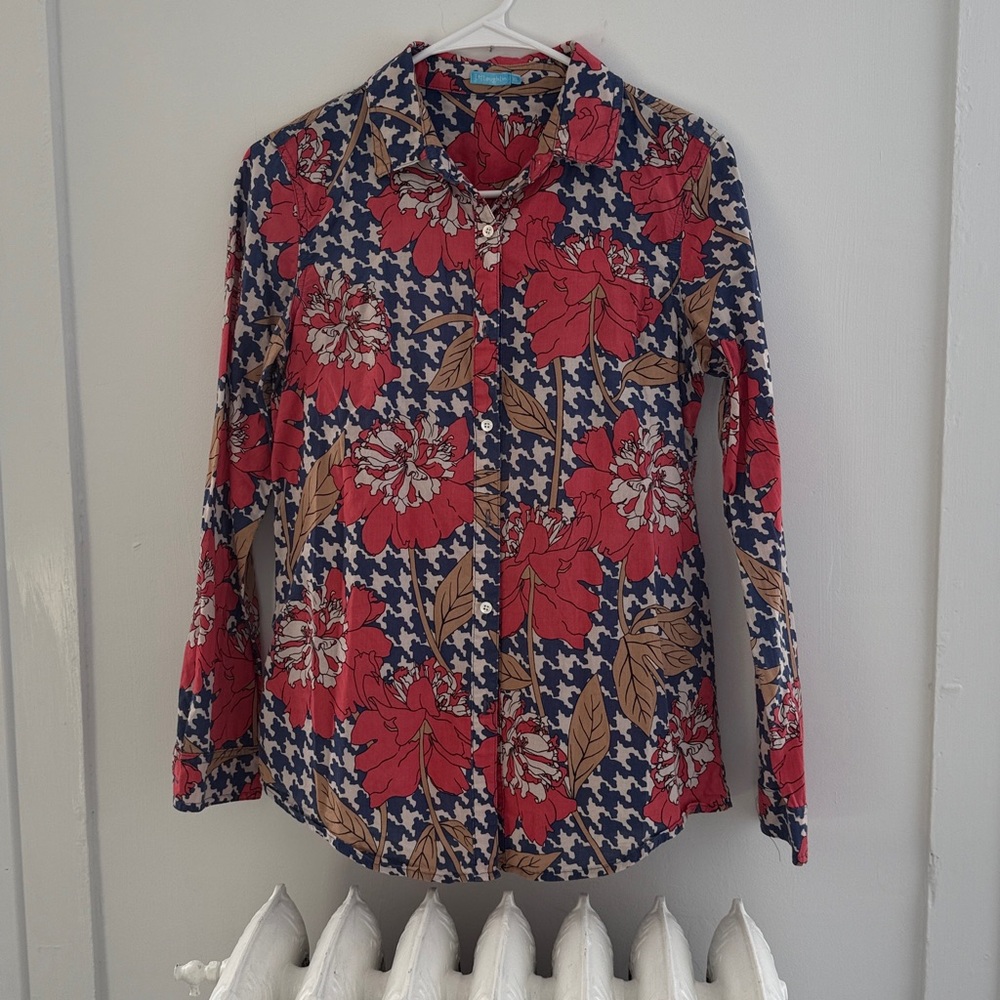 J. McLaughlin Crimsom and Blue Floral and Houndstooth Blouse XS button down